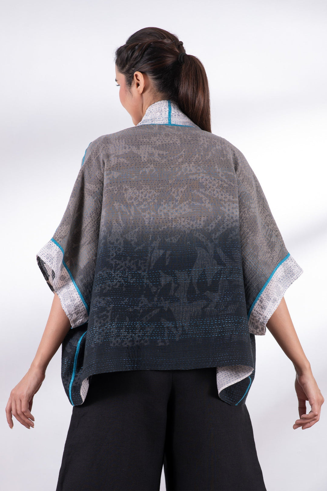 MONOTONE TWILIGHT PRINT KANTHA MINI PONCHO - tp2060-wht -