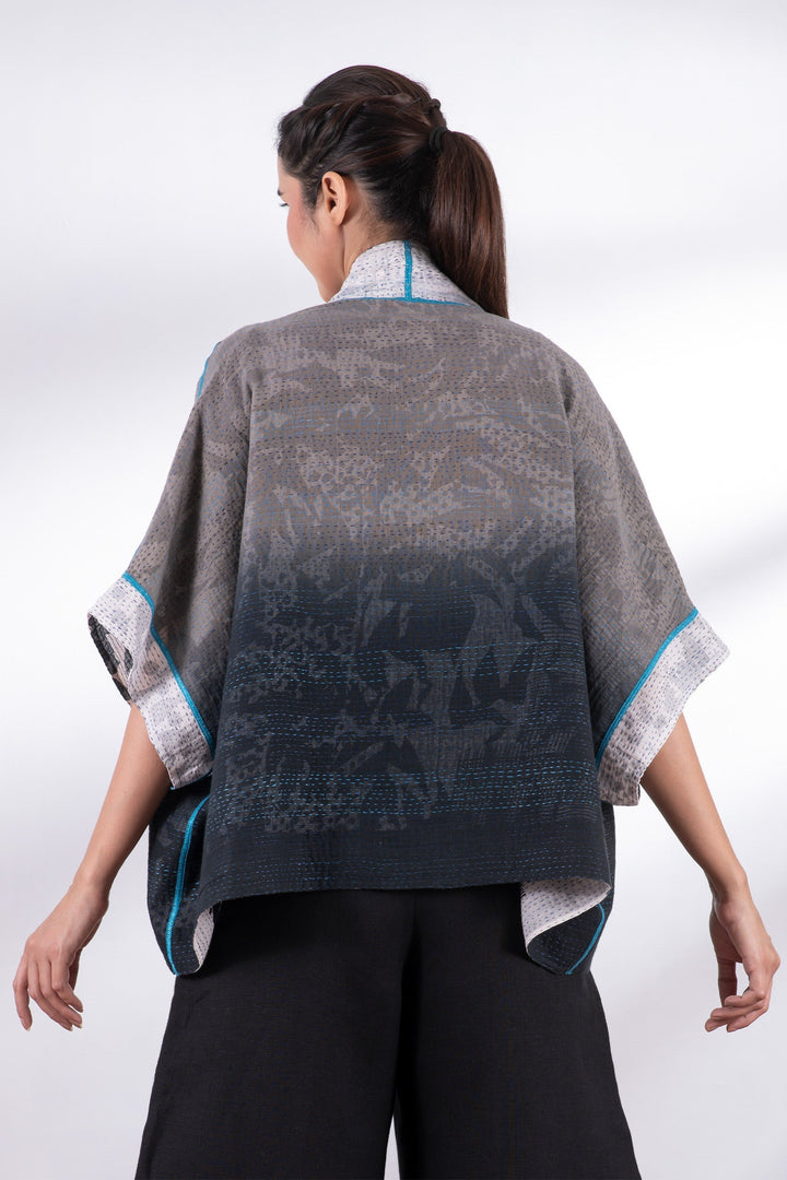 MONOTONE TWILIGHT PRINT KANTHA MINI PONCHO - tp2060-wht -