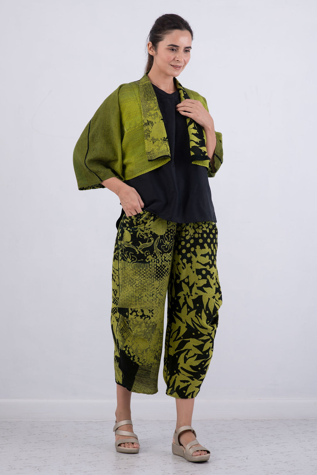 MONOTONE TWILIGHT PRINT KANTHA PUFF SLV. SHRUG - tp2062-cha -