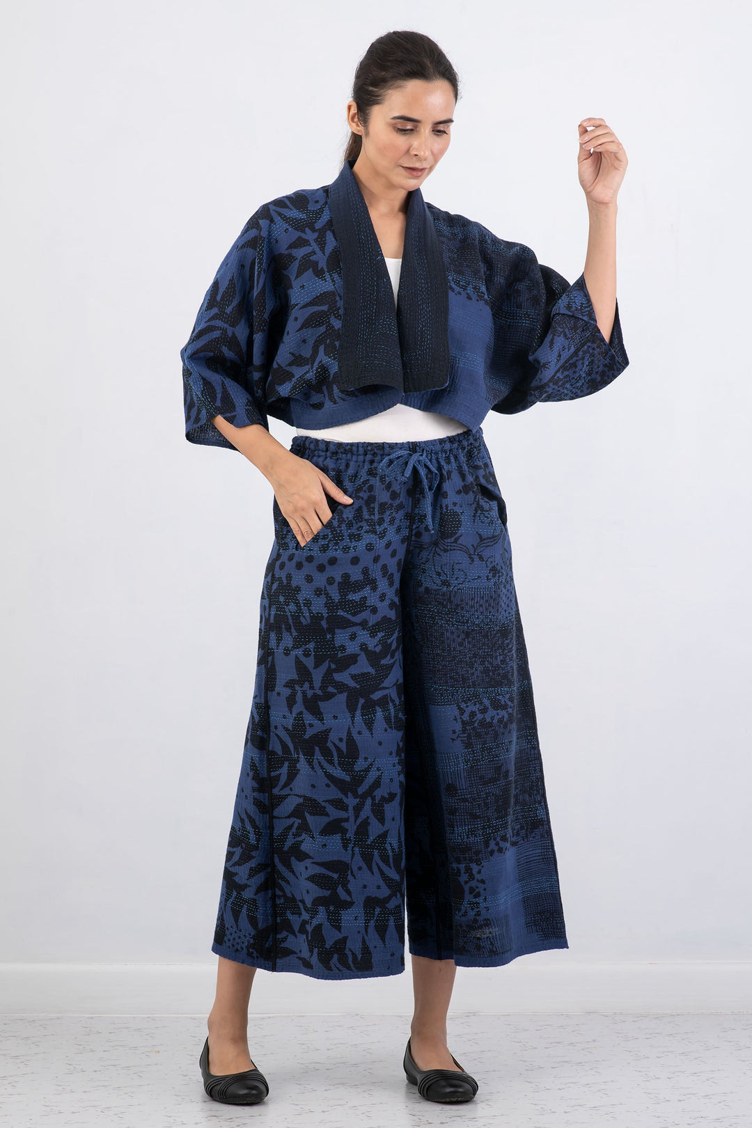 MONOTONE TWILIGHT PRINT KANTHA PUFF SLV. SHRUG - tp2062-nvy -