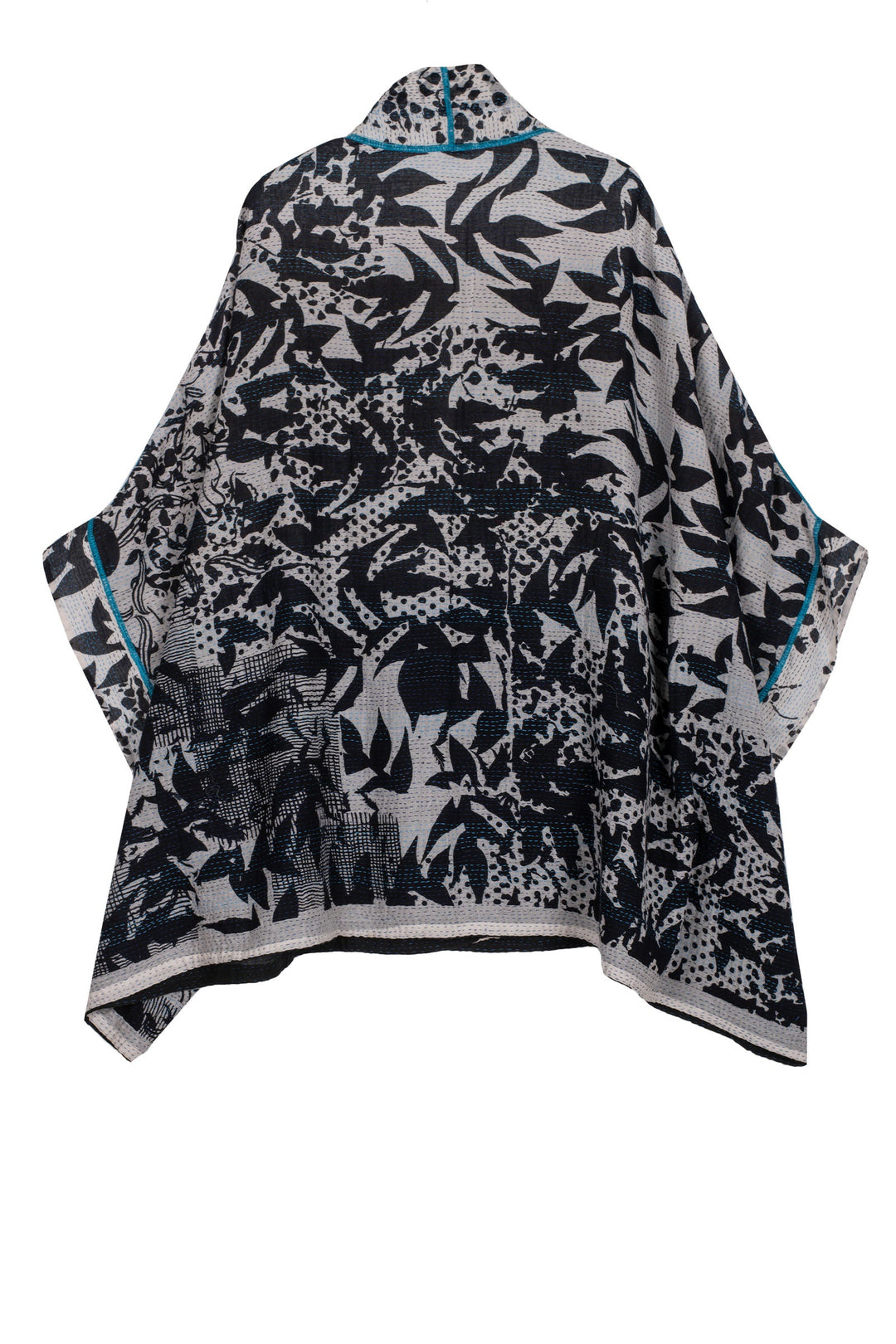 MONOTONE TWILIGHT PRINT KANTHA DOUBLE COLLAR PONCHO - tp2323-wht -