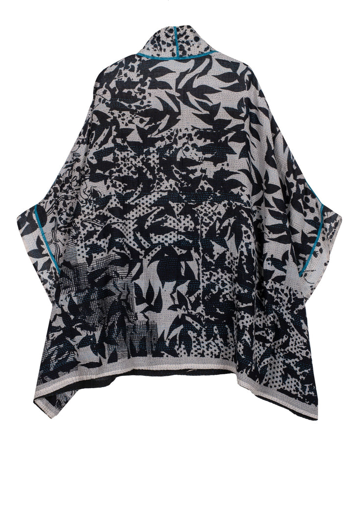 MONOTONE TWILIGHT PRINT KANTHA DOUBLE COLLAR PONCHO - tp2323-wht -
