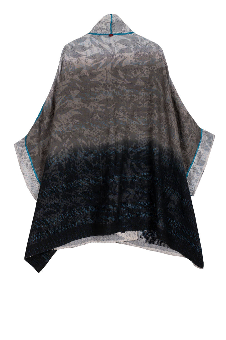 MONOTONE TWILIGHT PRINT KANTHA DOUBLE COLLAR PONCHO - tp2323-wht -