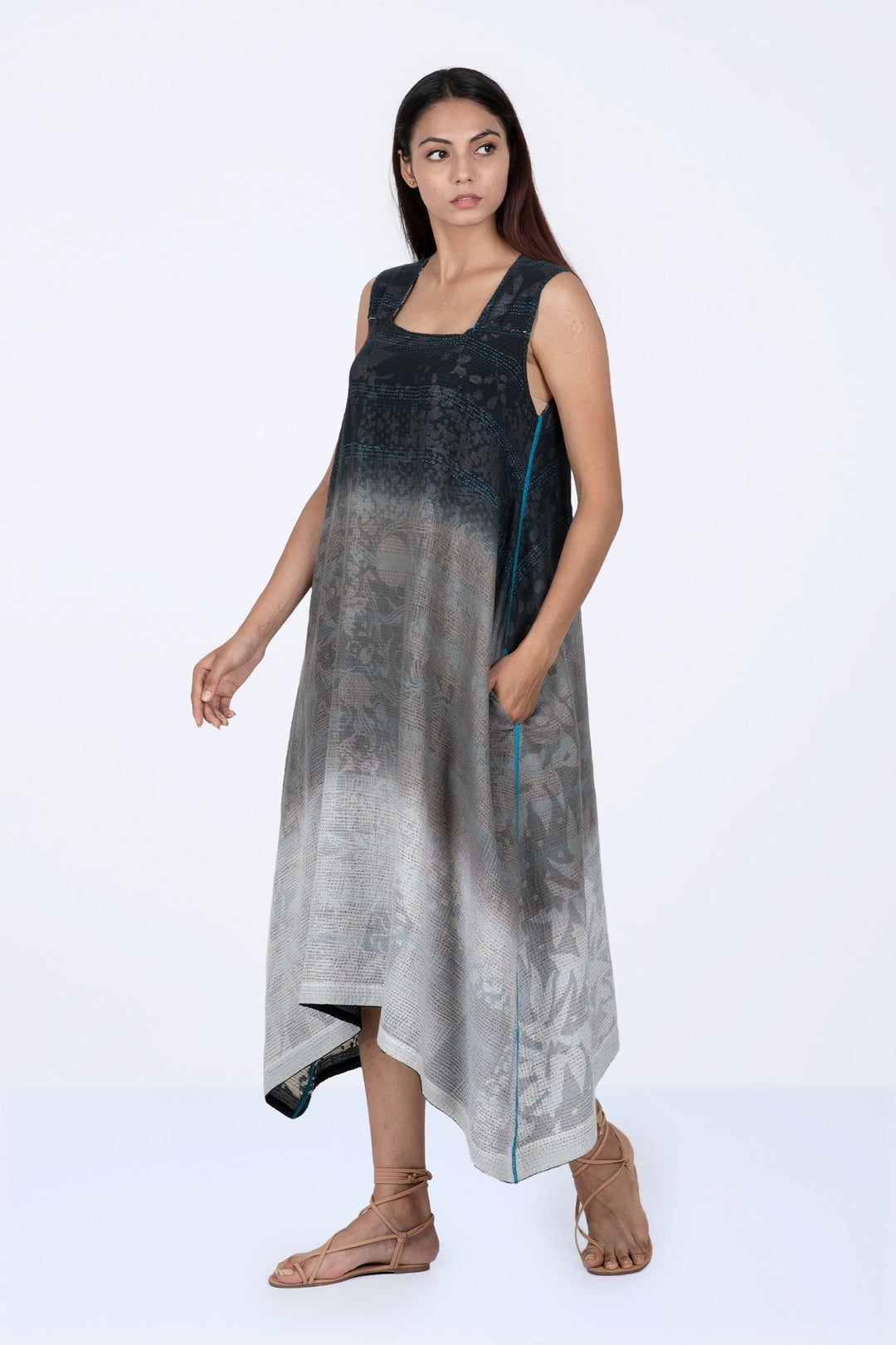 MONOTONE TWILIGHT PRINT KANTHA TENT DRESS - tp2413-blk -