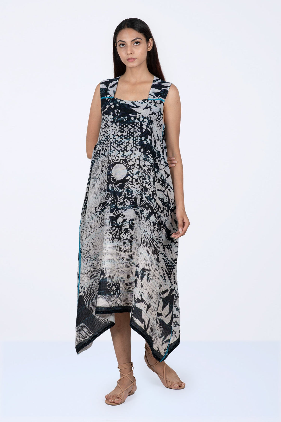 MONOTONE TWILIGHT PRINT KANTHA TENT DRESS - tp2413-blk -