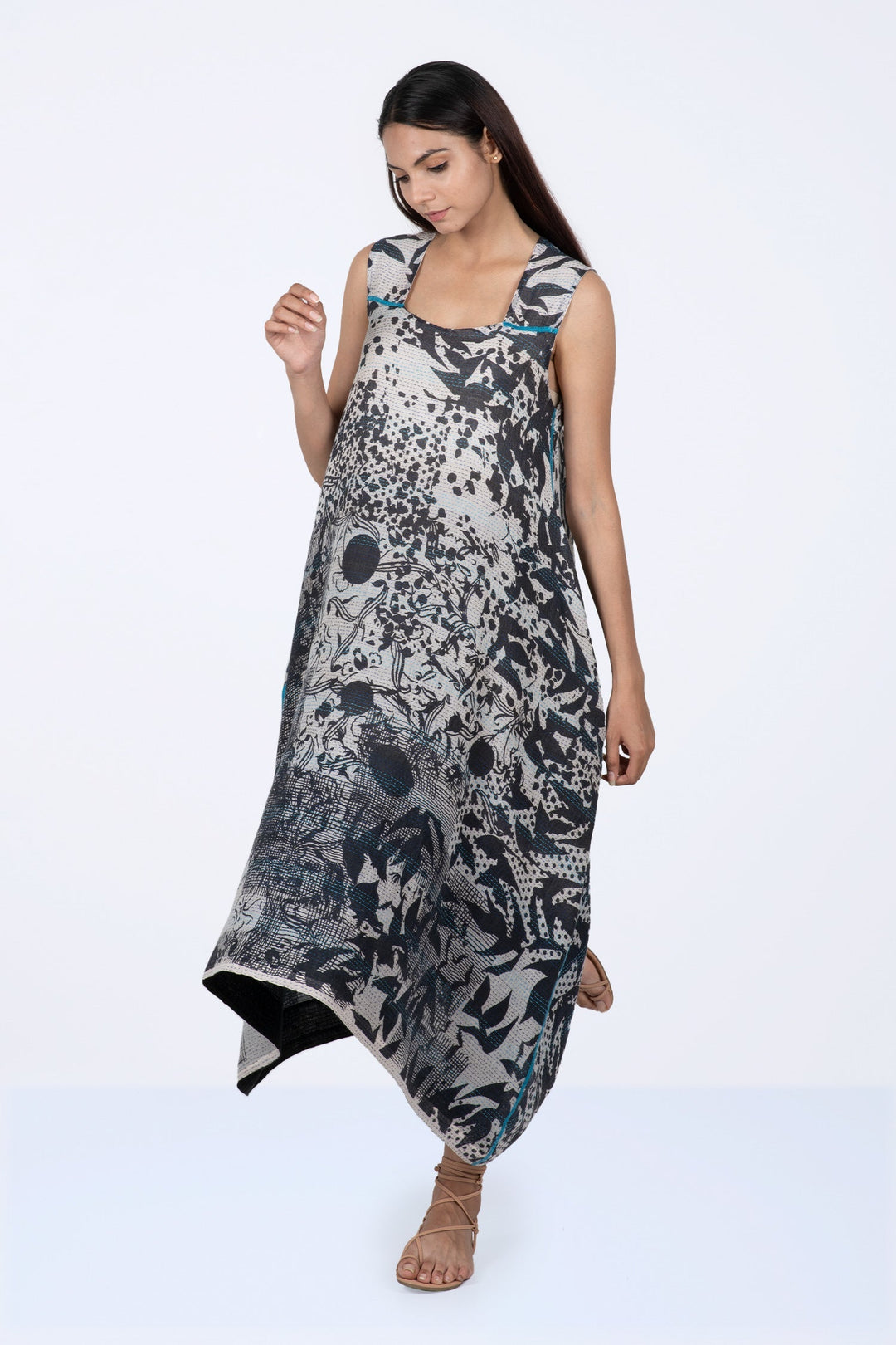 MONOTONE TWILIGHT PRINT KANTHA TENT DRESS - tp2413-wht -