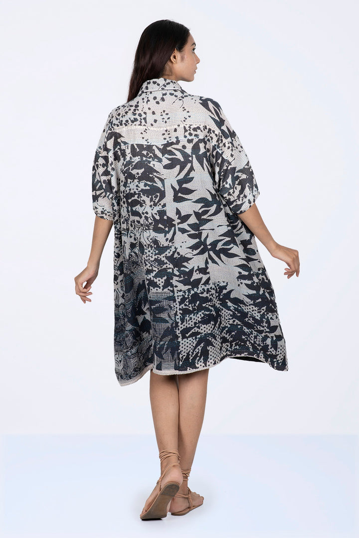 MONOTONE TWILIGHT PRINT KANTHA HALF SLV. SHIRT DRESS - tp2429-wht -