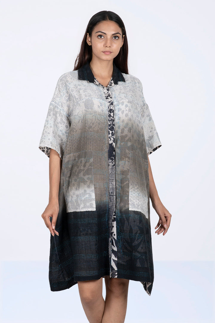 MONOTONE TWILIGHT PRINT KANTHA HALF SLV. SHIRT DRESS - tp2429-wht -