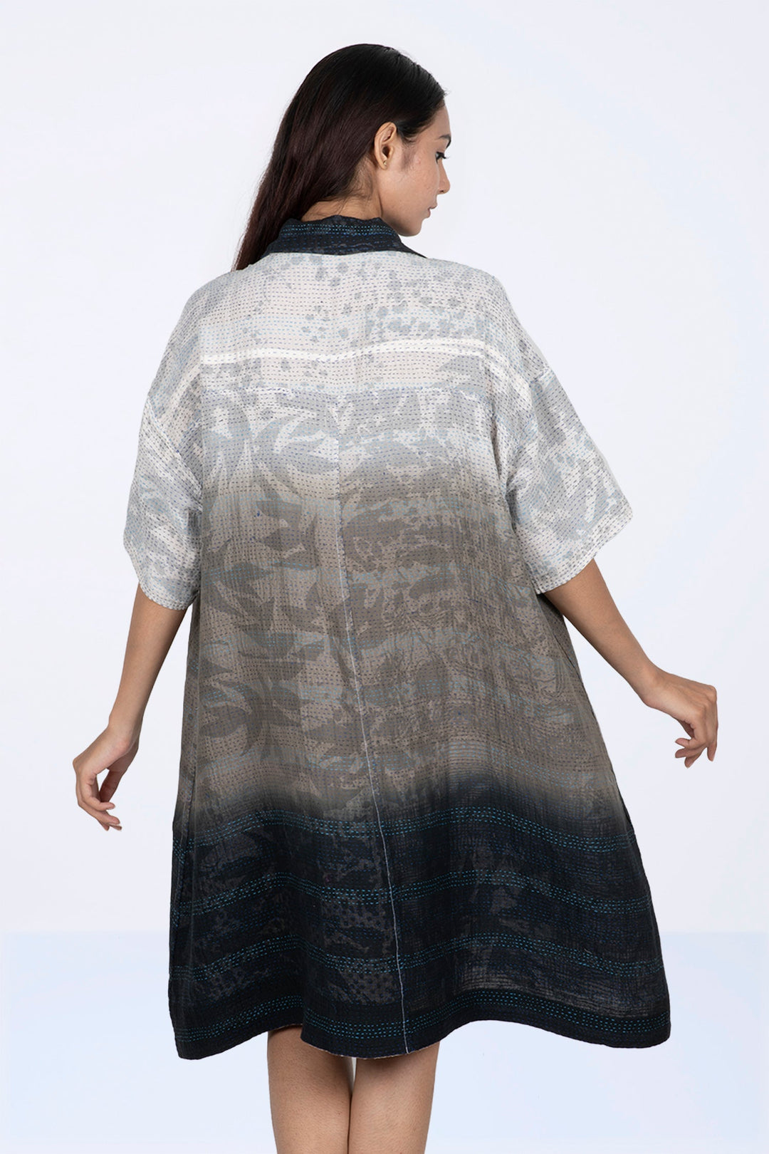 MONOTONE TWILIGHT PRINT KANTHA HALF SLV. SHIRT DRESS - tp2429-wht -