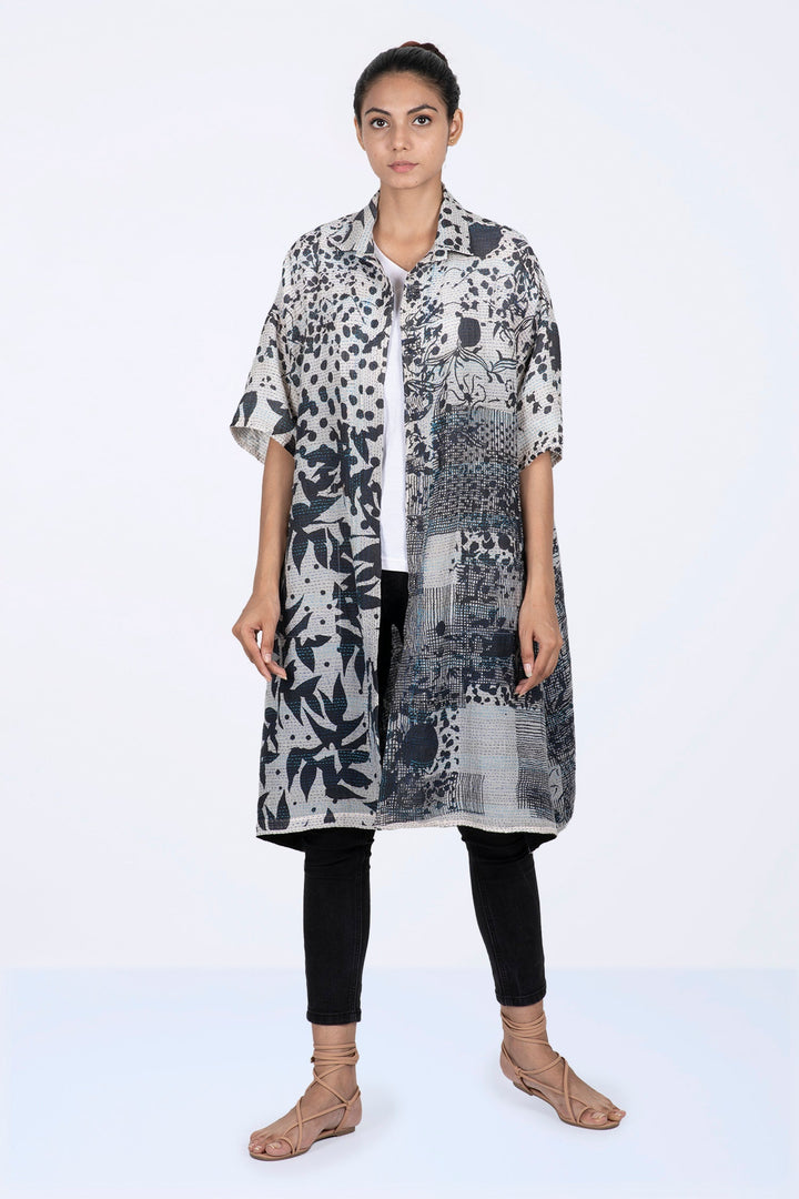 MONOTONE TWILIGHT PRINT KANTHA HALF SLV. SHIRT DRESS - tp2429-wht -