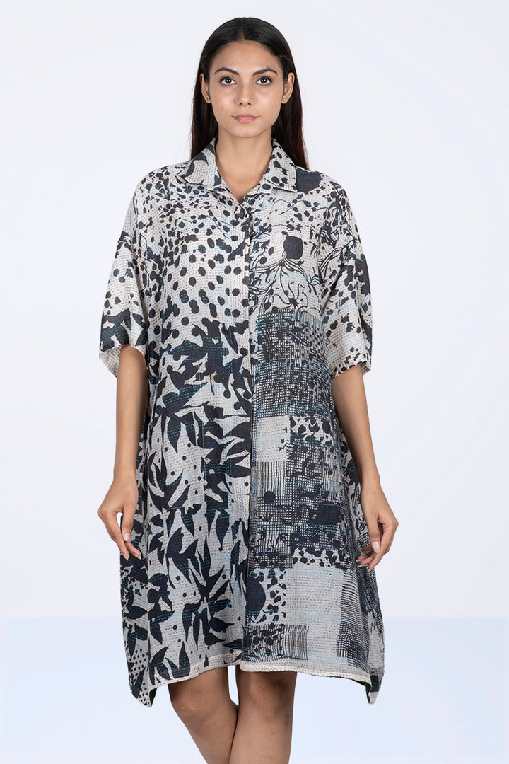 MONOTONE TWILIGHT PRINT KANTHA HALF SLV. SHIRT DRESS - tp2429-wht -