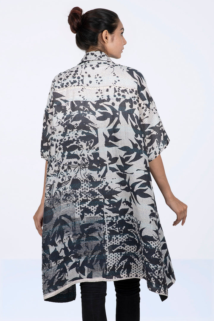 MONOTONE TWILIGHT PRINT KANTHA HALF SLV. SHIRT DRESS - tp2429-wht -