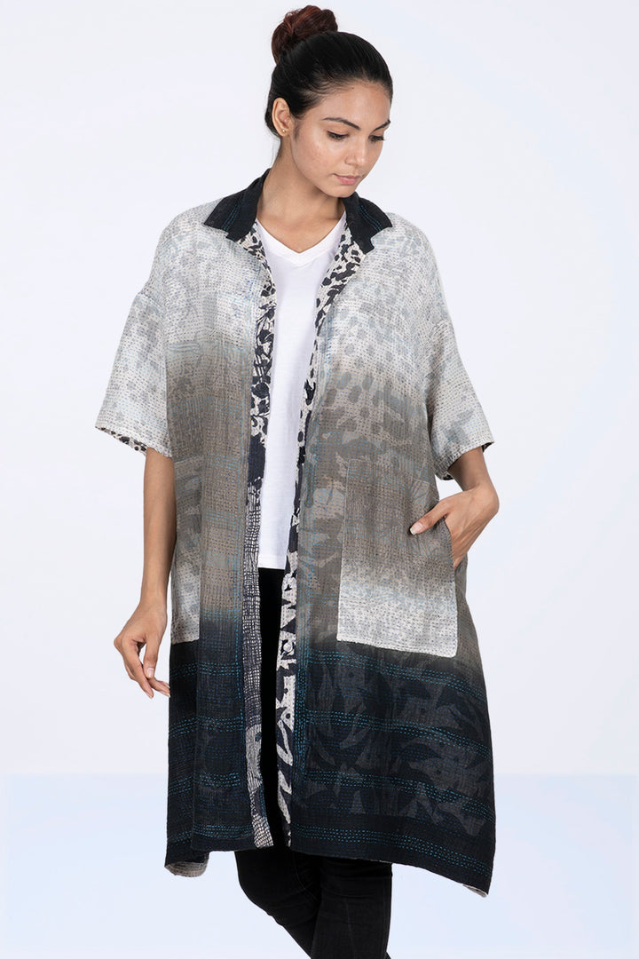 MONOTONE TWILIGHT PRINT KANTHA HALF SLV. SHIRT DRESS - tp2429-wht -