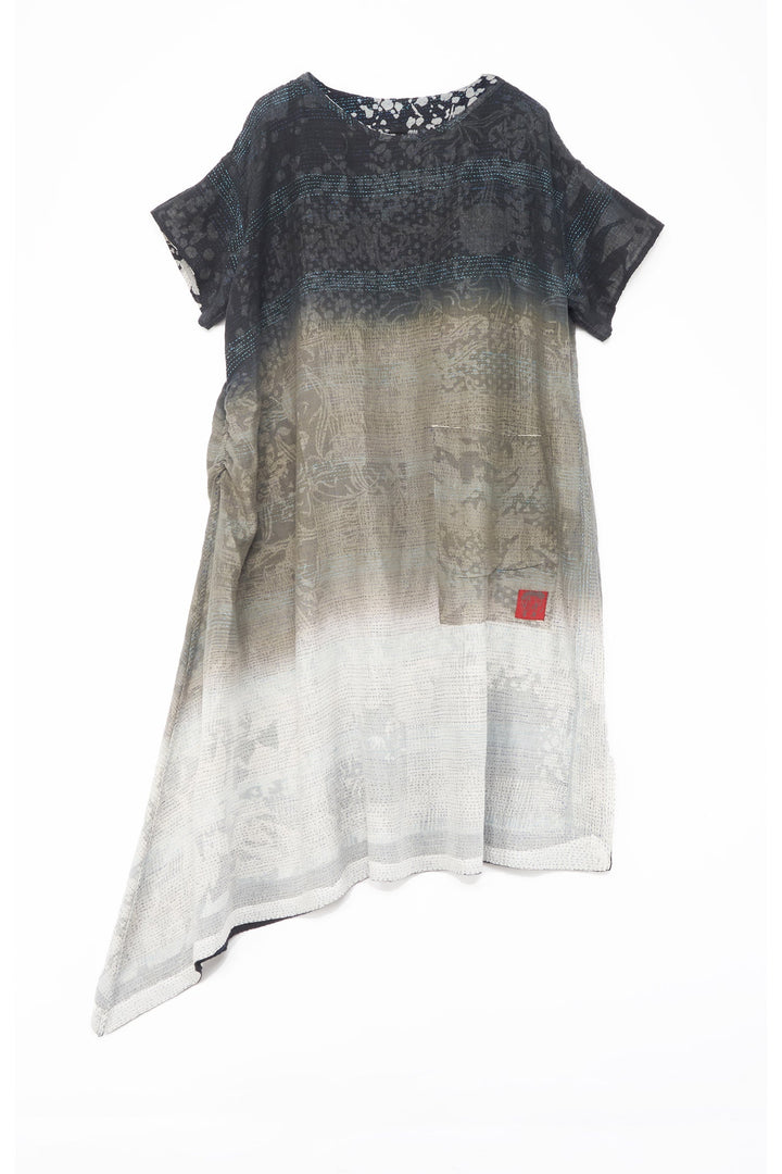 MONOTONE TWILIGHT PRINT KANTHA BOAT NECK T. DRESS - tp2430-blk -