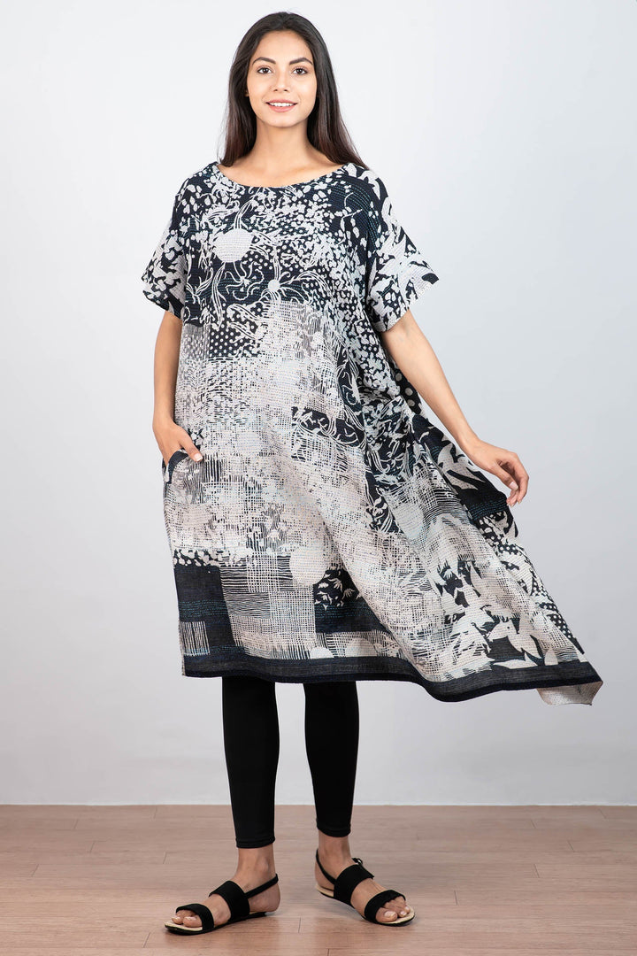 MONOTONE TWILIGHT PRINT KANTHA BOAT NECK T. DRESS - tp2430-blk -