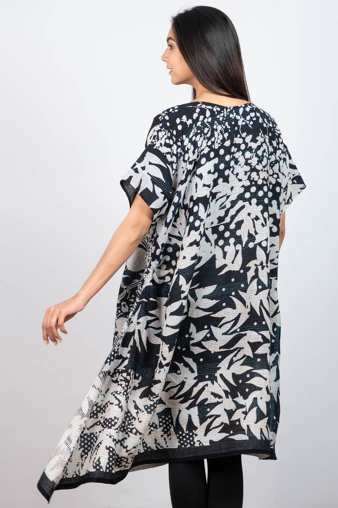 MONOTONE TWILIGHT PRINT KANTHA BOAT NECK T. DRESS - tp2430-blk -