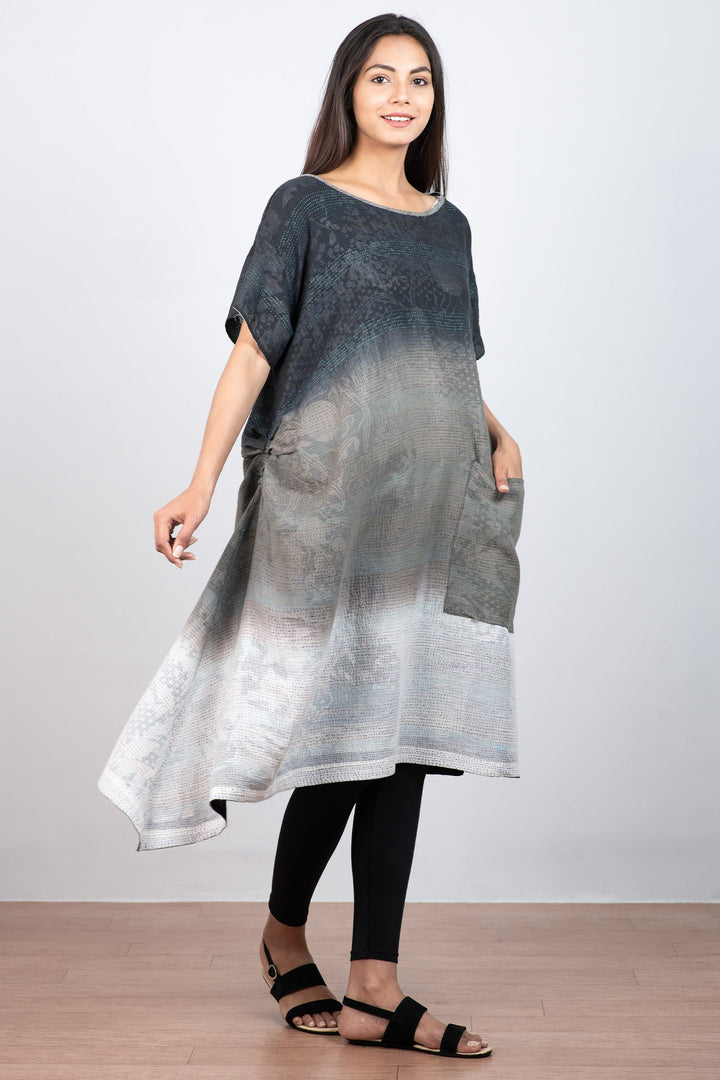 MONOTONE TWILIGHT PRINT KANTHA BOAT NECK T. DRESS - tp2430-blk -