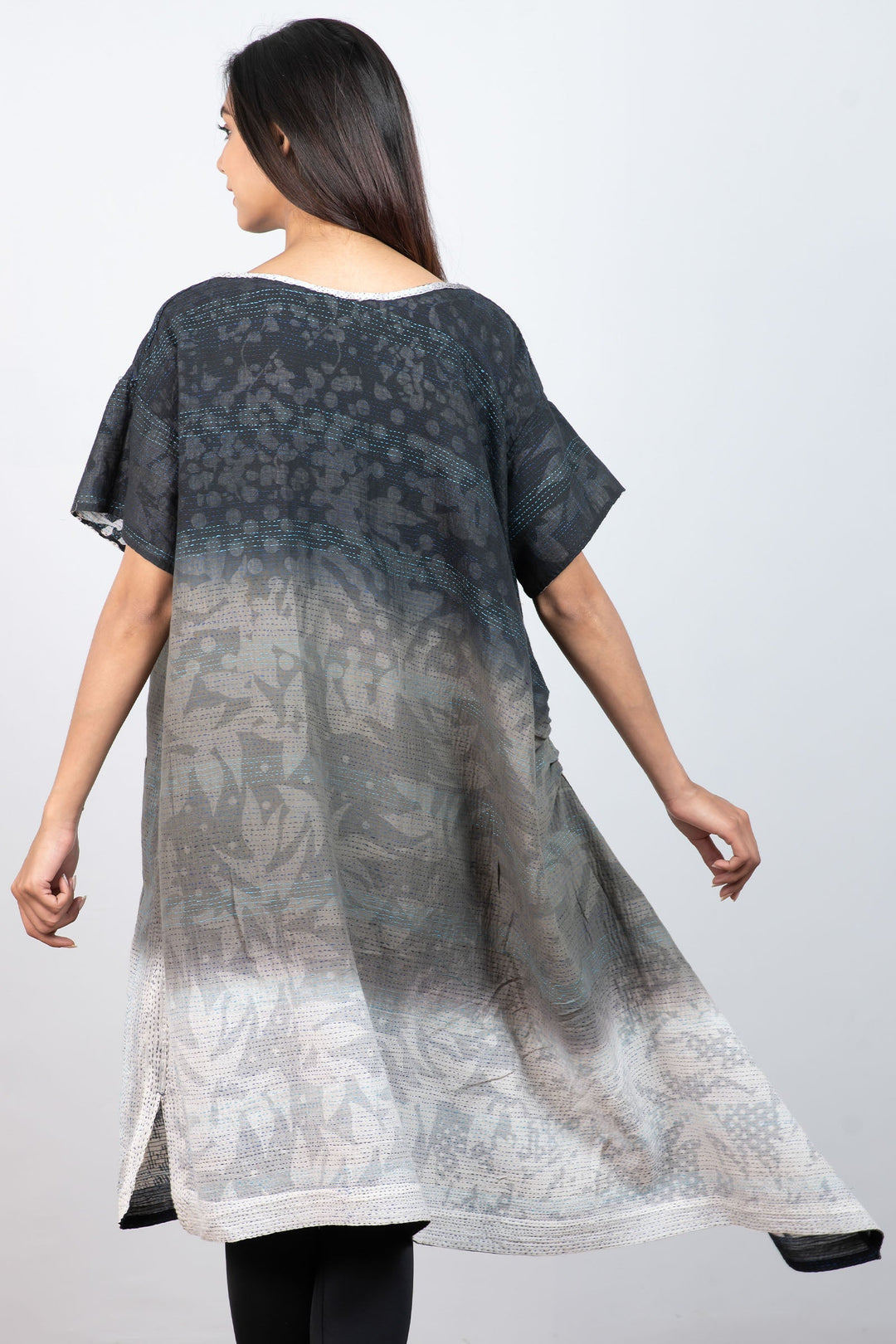 MONOTONE TWILIGHT PRINT KANTHA BOAT NECK T. DRESS - tp2430-blk -