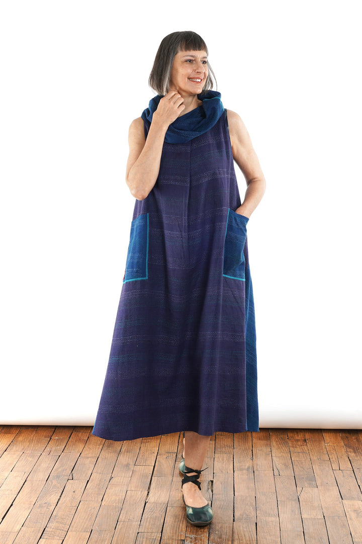 MONOTONE TWILIGHT PRINT KANTHA COWL NECK MAXI DRESS - tp2438-blu -