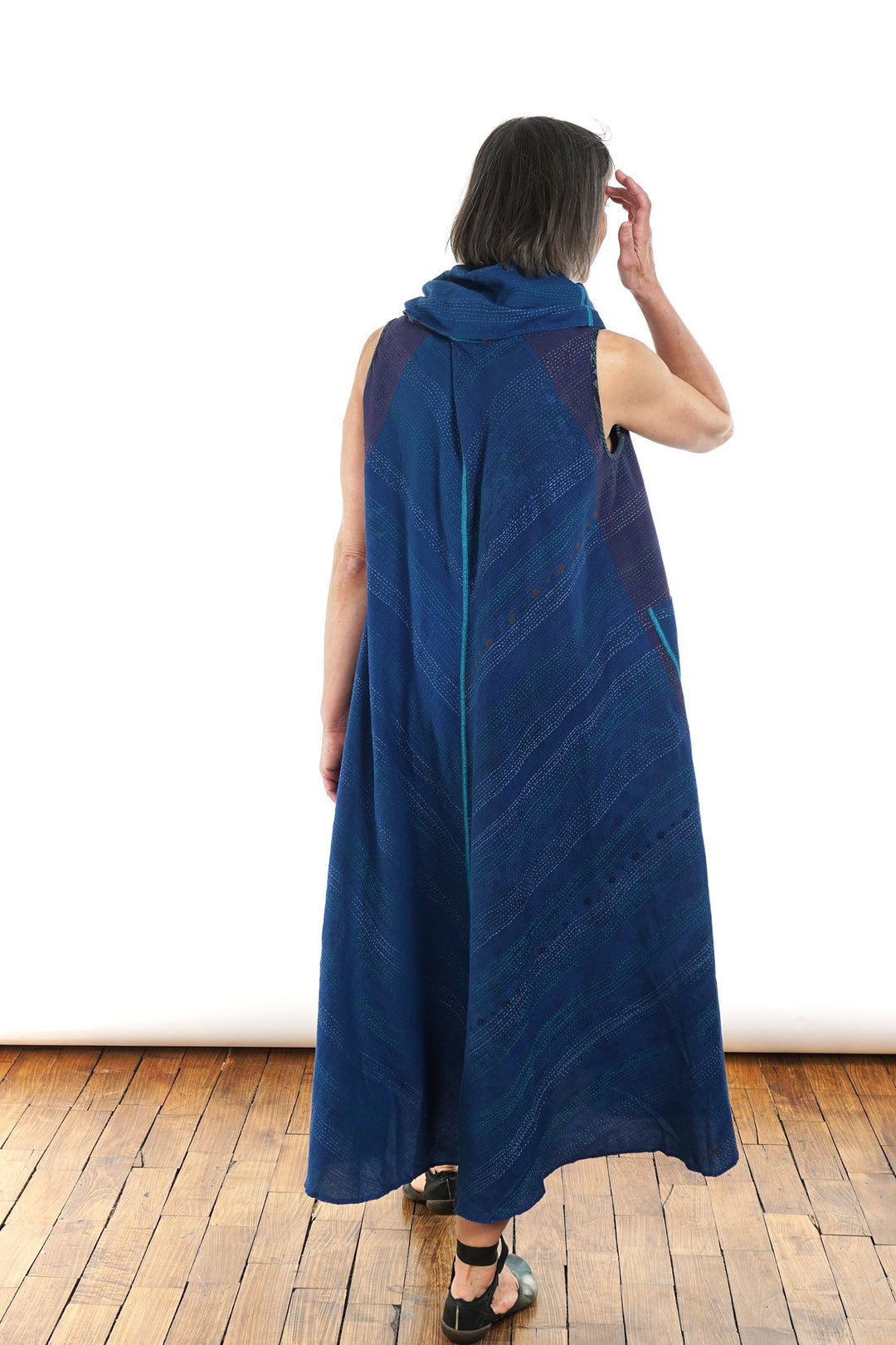 MONOTONE TWILIGHT PRINT KANTHA COWL NECK MAXI DRESS - tp2438-blu -