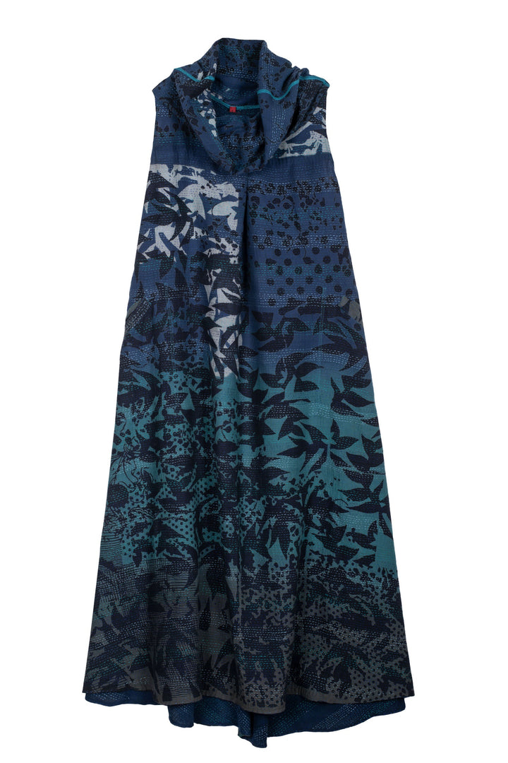 MONOTONE TWILIGHT PRINT KANTHA COWL NECK MAXI DRESS - tp2438-blu -