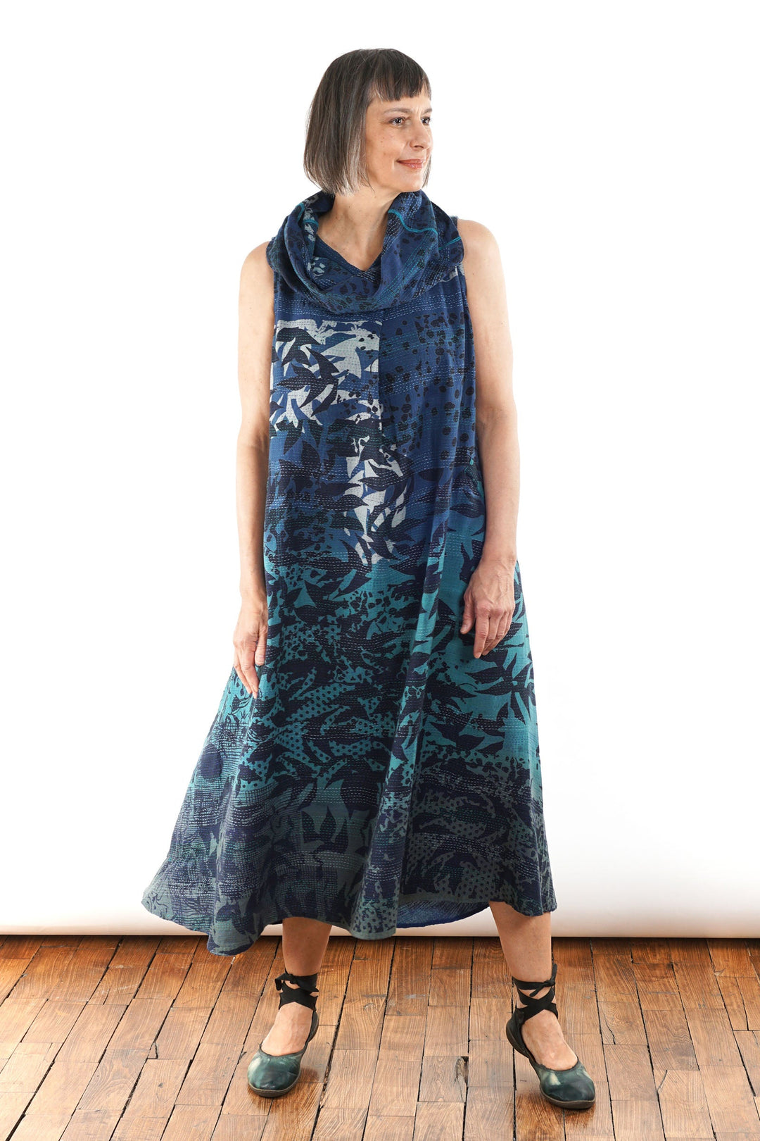 MONOTONE TWILIGHT PRINT KANTHA COWL NECK MAXI DRESS - tp2438-blu -