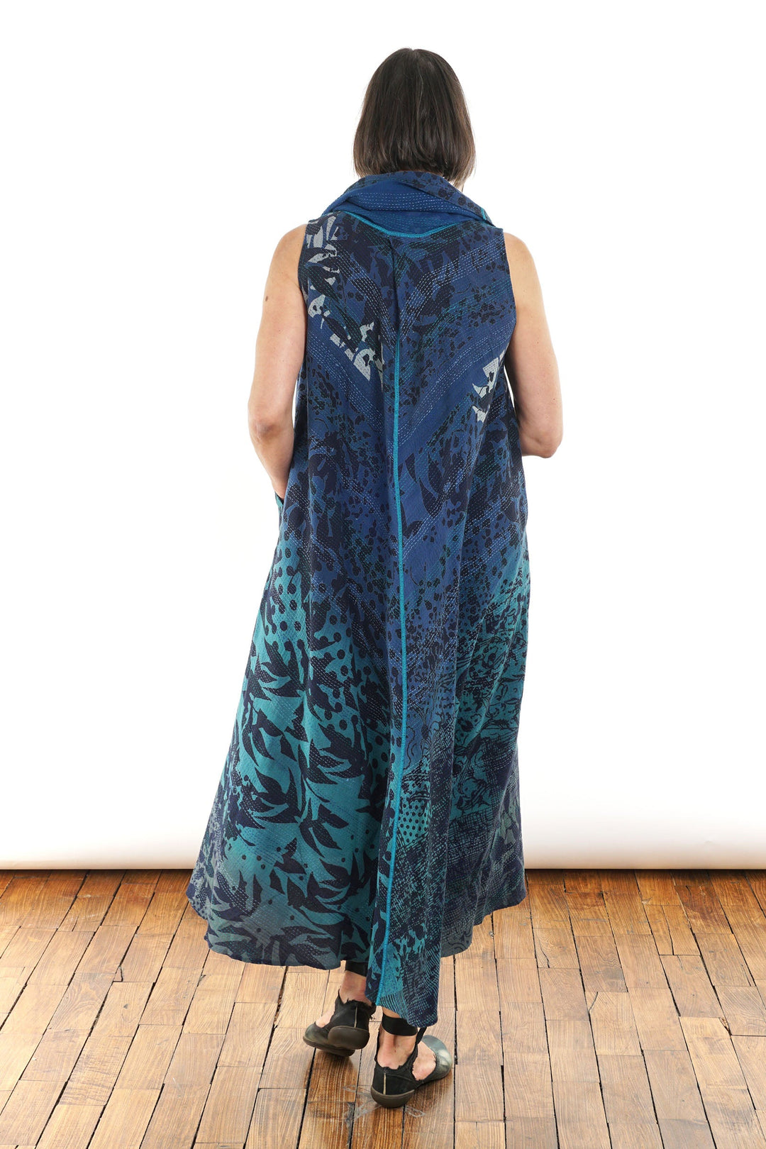 MONOTONE TWILIGHT PRINT KANTHA COWL NECK MAXI DRESS - tp2438-blu -