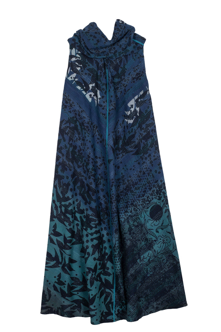 MONOTONE TWILIGHT PRINT KANTHA COWL NECK MAXI DRESS - tp2438-blu -