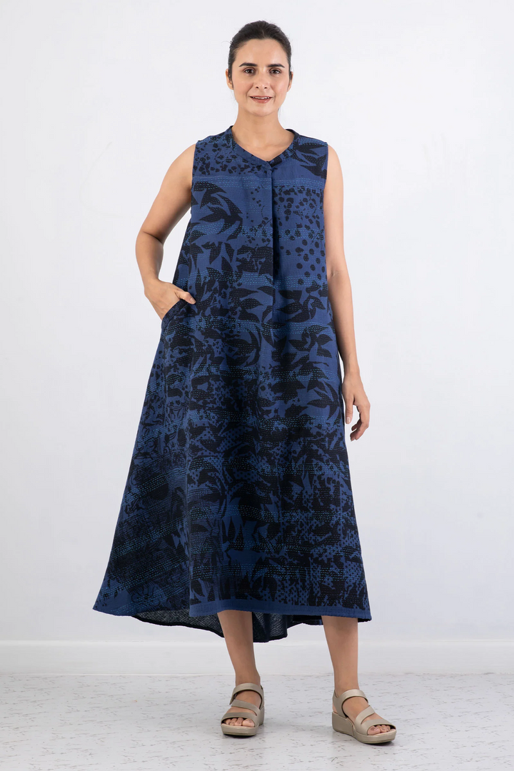 MONOTONE TWILIGHT PRINT KANTHA BAND COLLAR MAXI DRESS - tp2439-nvy -