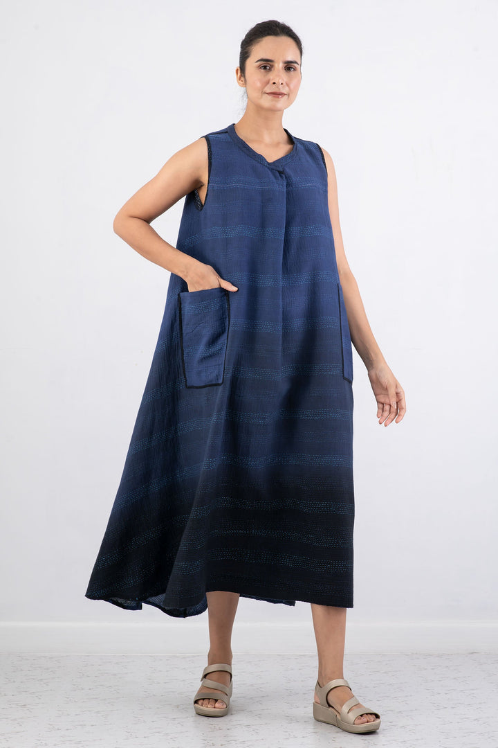 MONOTONE TWILIGHT PRINT KANTHA BAND COLLAR MAXI DRESS - tp2439-nvy -