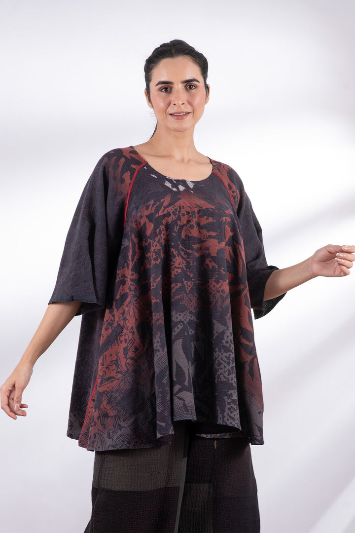 MONOTONE TWILIGHT PRINT KANTHA PUFF SLV. FLARE TOP - tp2543-red -