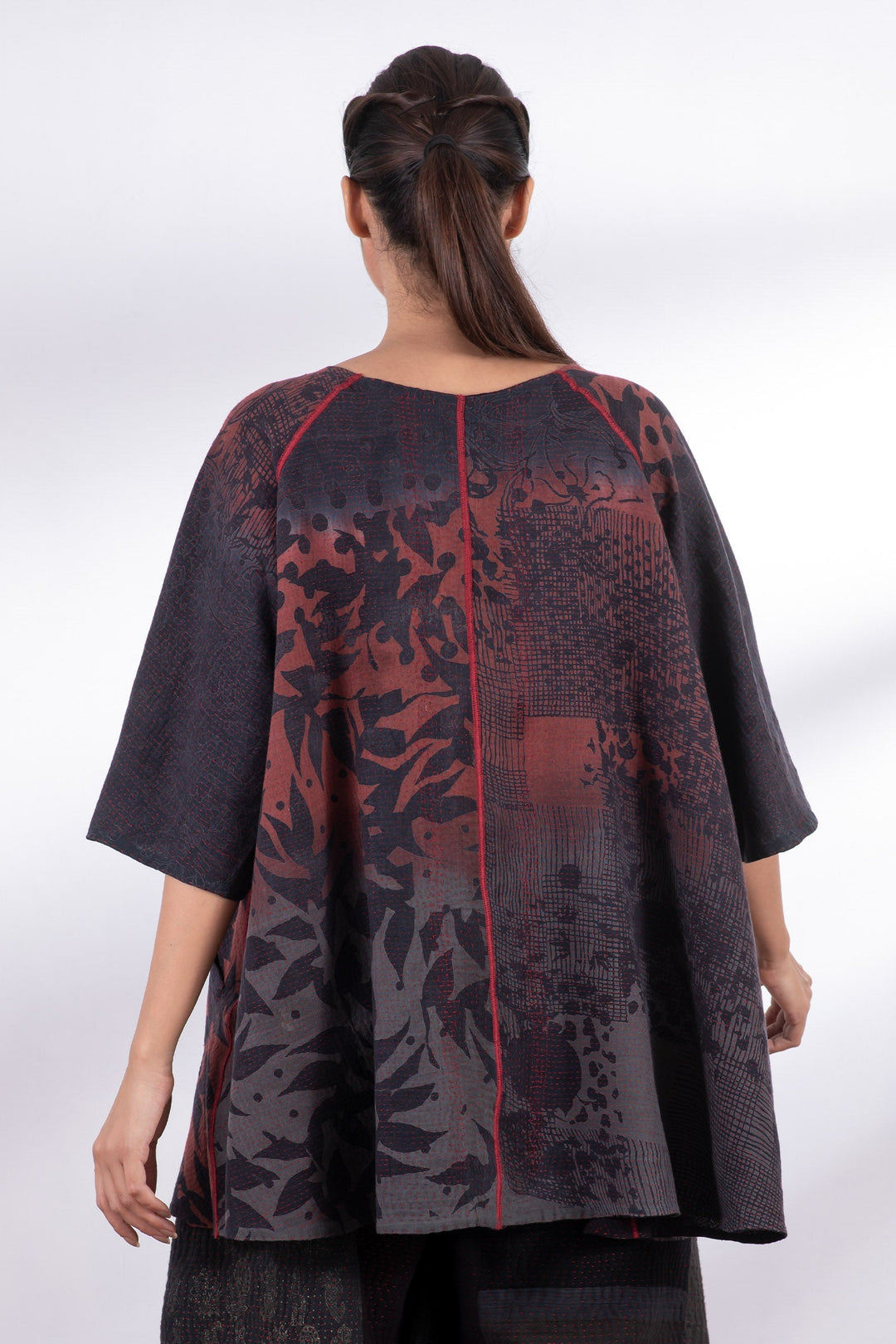 MONOTONE TWILIGHT PRINT KANTHA PUFF SLV. FLARE TOP - tp2543-red -