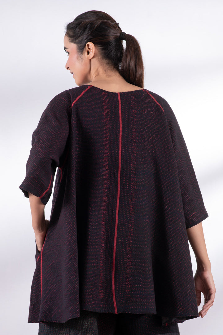 MONOTONE TWILIGHT PRINT KANTHA PUFF SLV. FLARE TOP - tp2543-red -