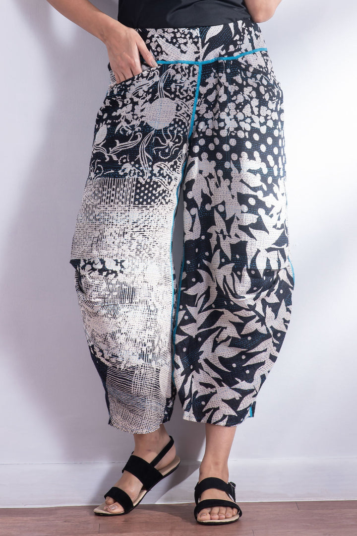 MONOTONE TWILIGHT PRINT KANTHA KNEE TUCKED PANTS - tp2625-blk -