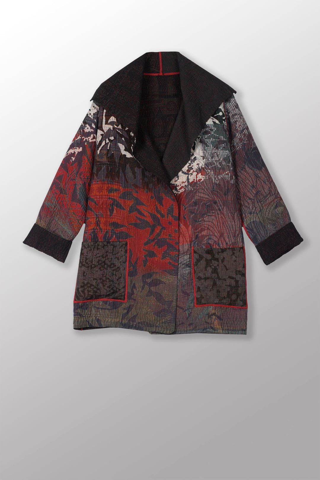 MONOTONE TWILIGHT PRINT KANTHA POCKET JKT - tp4002-red -
