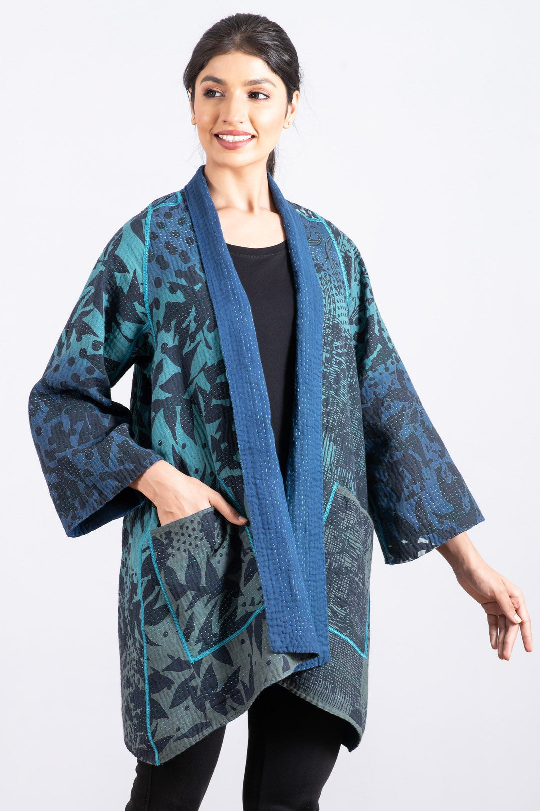 MONOTONE TWILIGHT PRINT KANTHA A-LINE JKT - tp4003-blu -