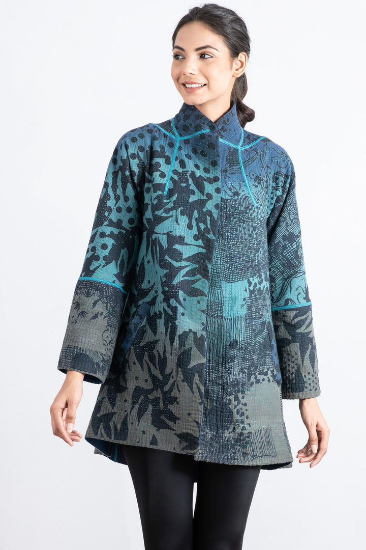 MONOTONE TWILIGHT PRINT KANTHA FLARE LONG JKT - tp4021-blu -