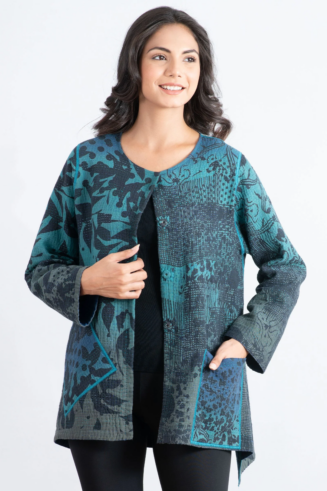 MONOTONE TWILIGHT PRINT KANTHA CREW NECK POCKET JKT - tp4025-blu -