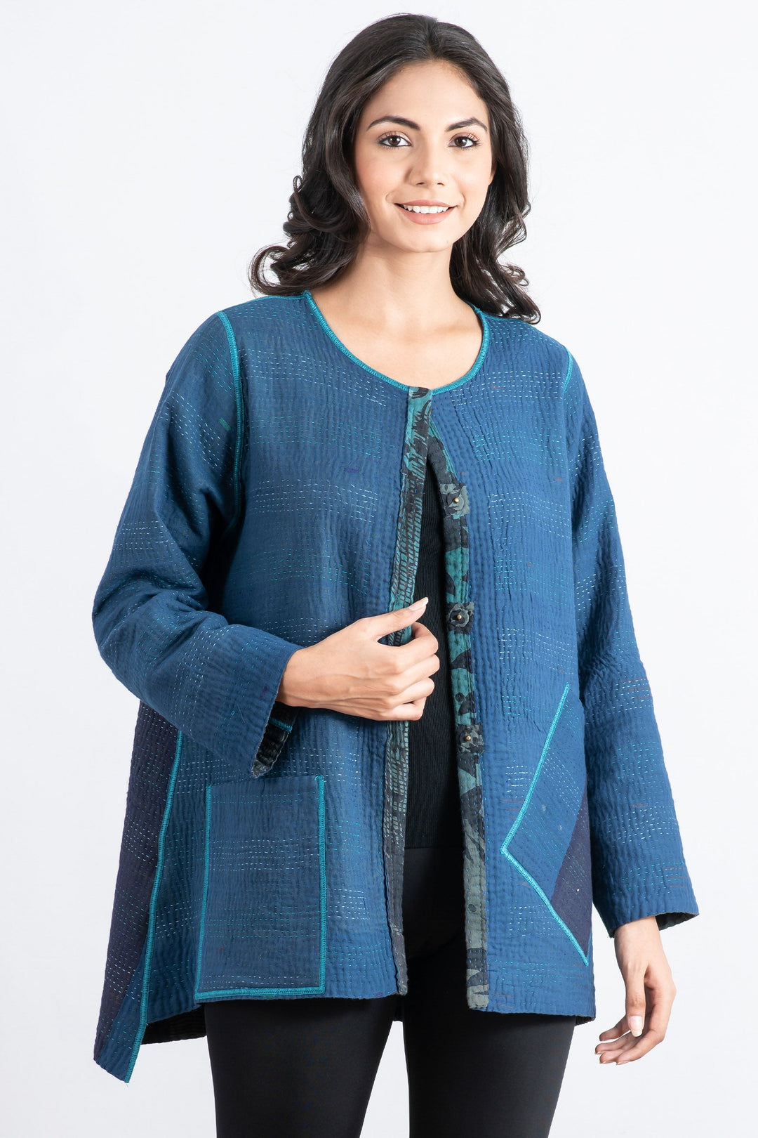MONOTONE TWILIGHT PRINT KANTHA CREW NECK POCKET JKT - tp4025-blu -