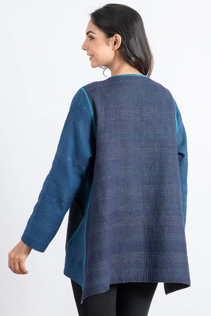 MONOTONE TWILIGHT PRINT KANTHA CREW NECK POCKET JKT - tp4025-blu -