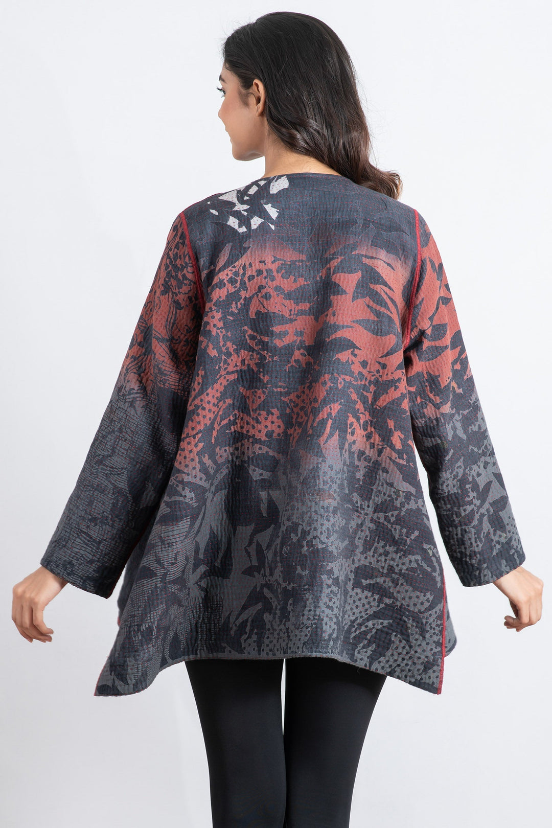 MONOTONE TWILIGHT PRINT KANTHA CREW NECK POCKET JKT - tp4025-red -