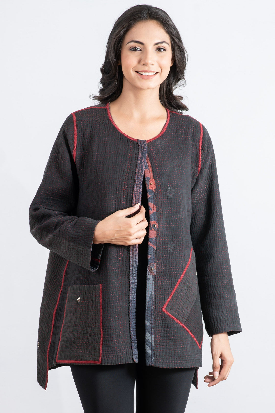 MONOTONE TWILIGHT PRINT KANTHA CREW NECK POCKET JKT - tp4025-red -