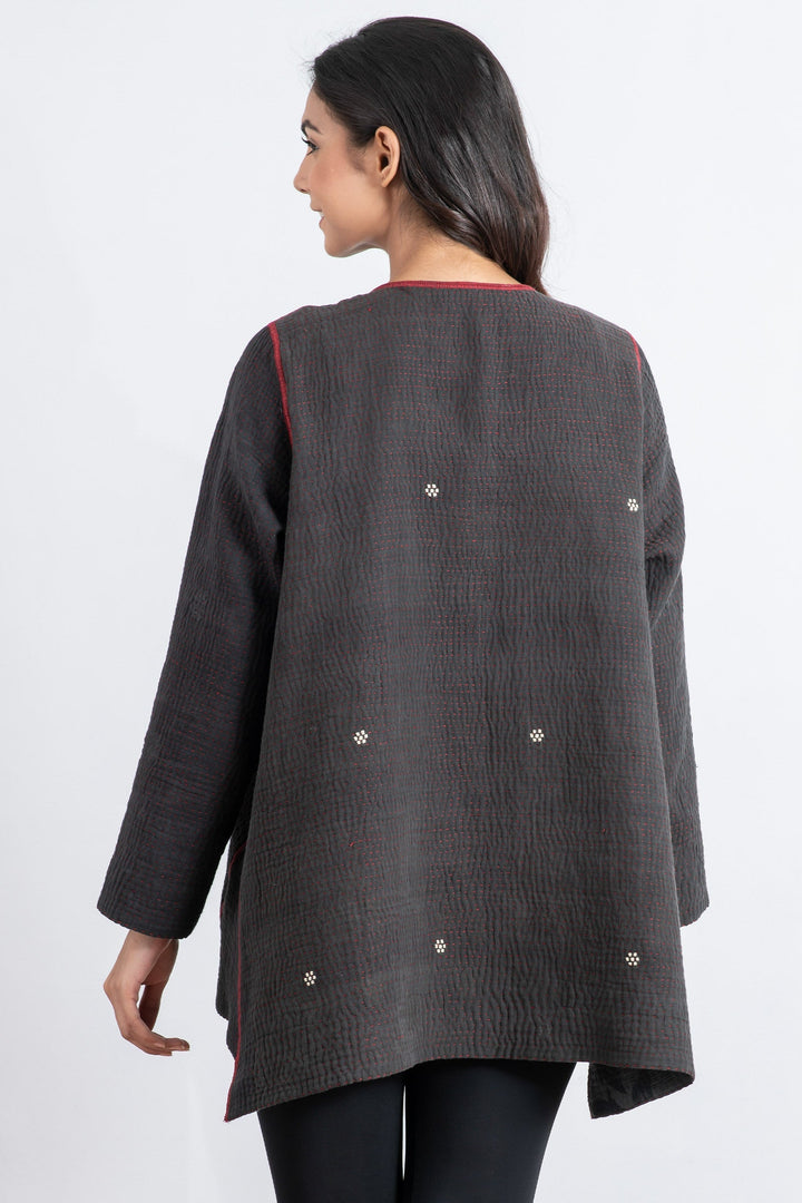 MONOTONE TWILIGHT PRINT KANTHA CREW NECK POCKET JKT - tp4025-red -