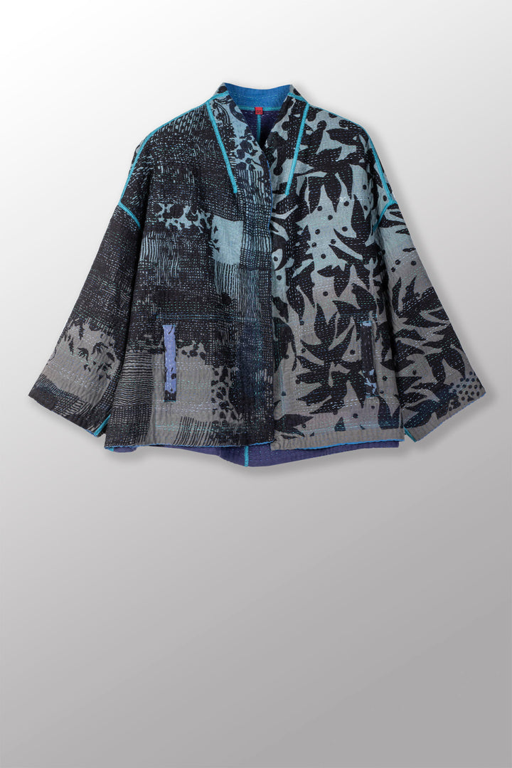 MONOTONE TWILIGHT PRINT KANTHA STAND COLLAR CROPPED JKT - tp4034-blu -