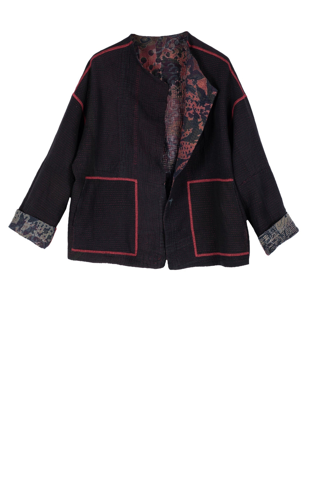 MONOTONE TWILIGHT PRINT KANTHA CREW NECK SHORT JKT - tp4053-red -
