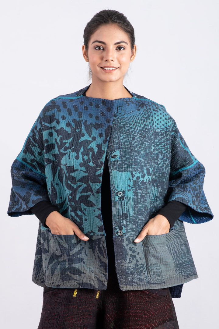 MONOTONE TWILIGHT PRINT KANTHA STRAIGHT NECK JKT - tp4058-blu -