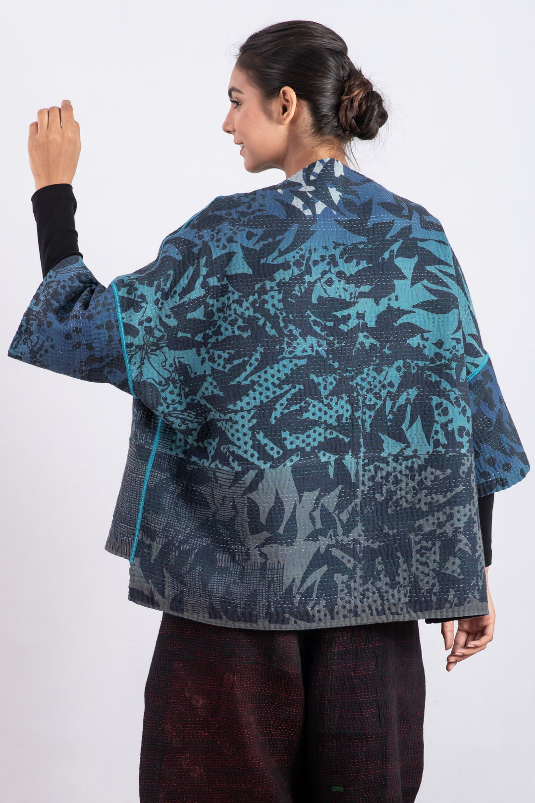 MONOTONE TWILIGHT PRINT KANTHA STRAIGHT NECK JKT - tp4058-blu -