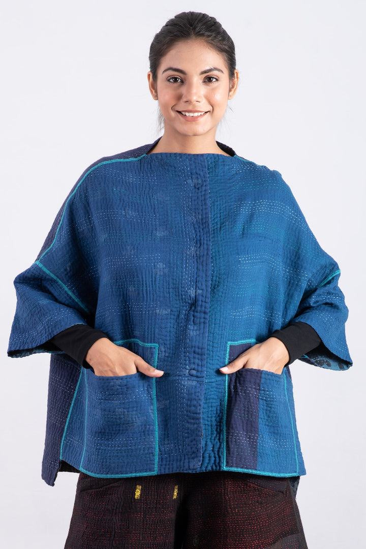 MONOTONE TWILIGHT PRINT KANTHA STRAIGHT NECK JKT - tp4058-blu -