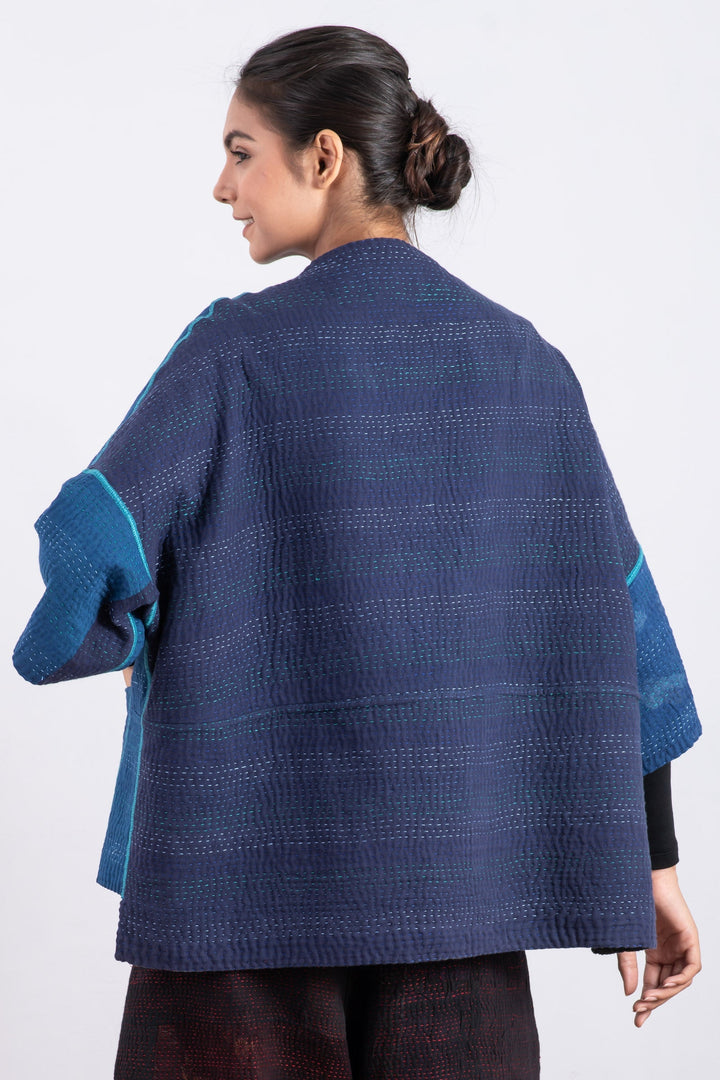 MONOTONE TWILIGHT PRINT KANTHA STRAIGHT NECK JKT - tp4058-blu -