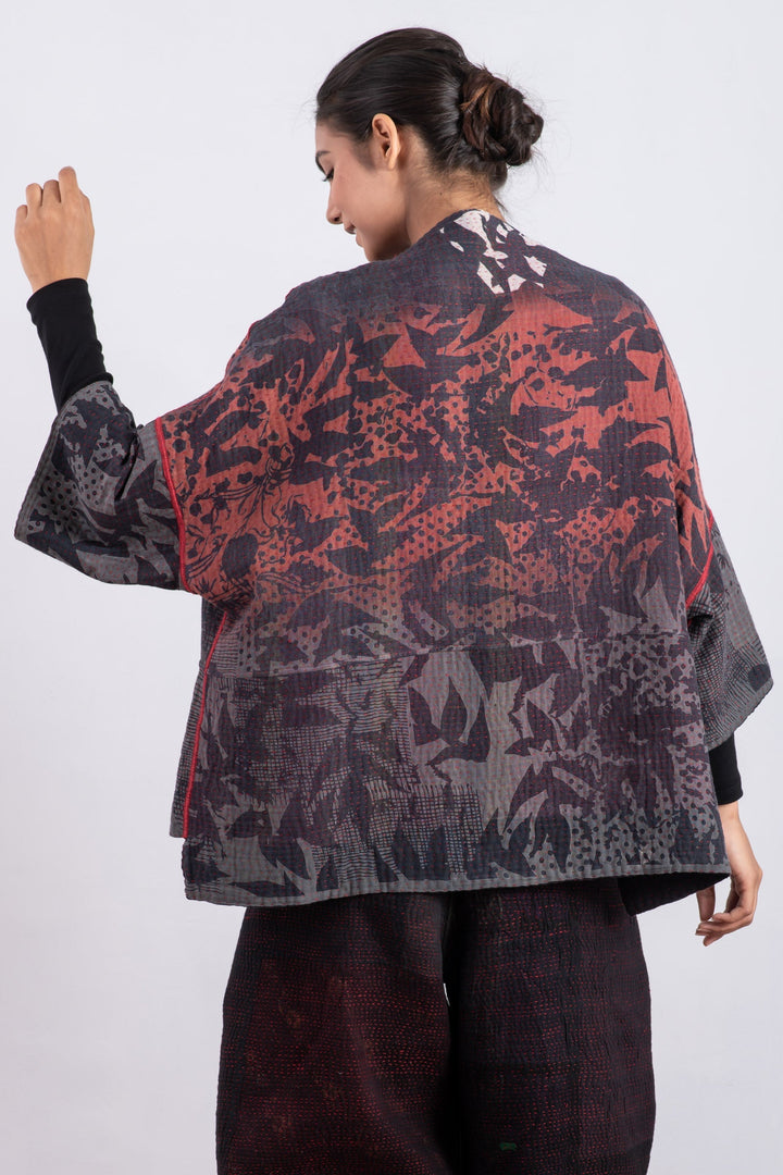 MONOTONE TWILIGHT PRINT KANTHA STRAIGHT NECK JKT - tp4058-red -